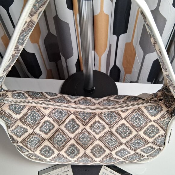 Vintage RARE Prada Hobo Handbag Blue Brown Paisley Nylon Leather Trim Medium - Picture 5 of 16